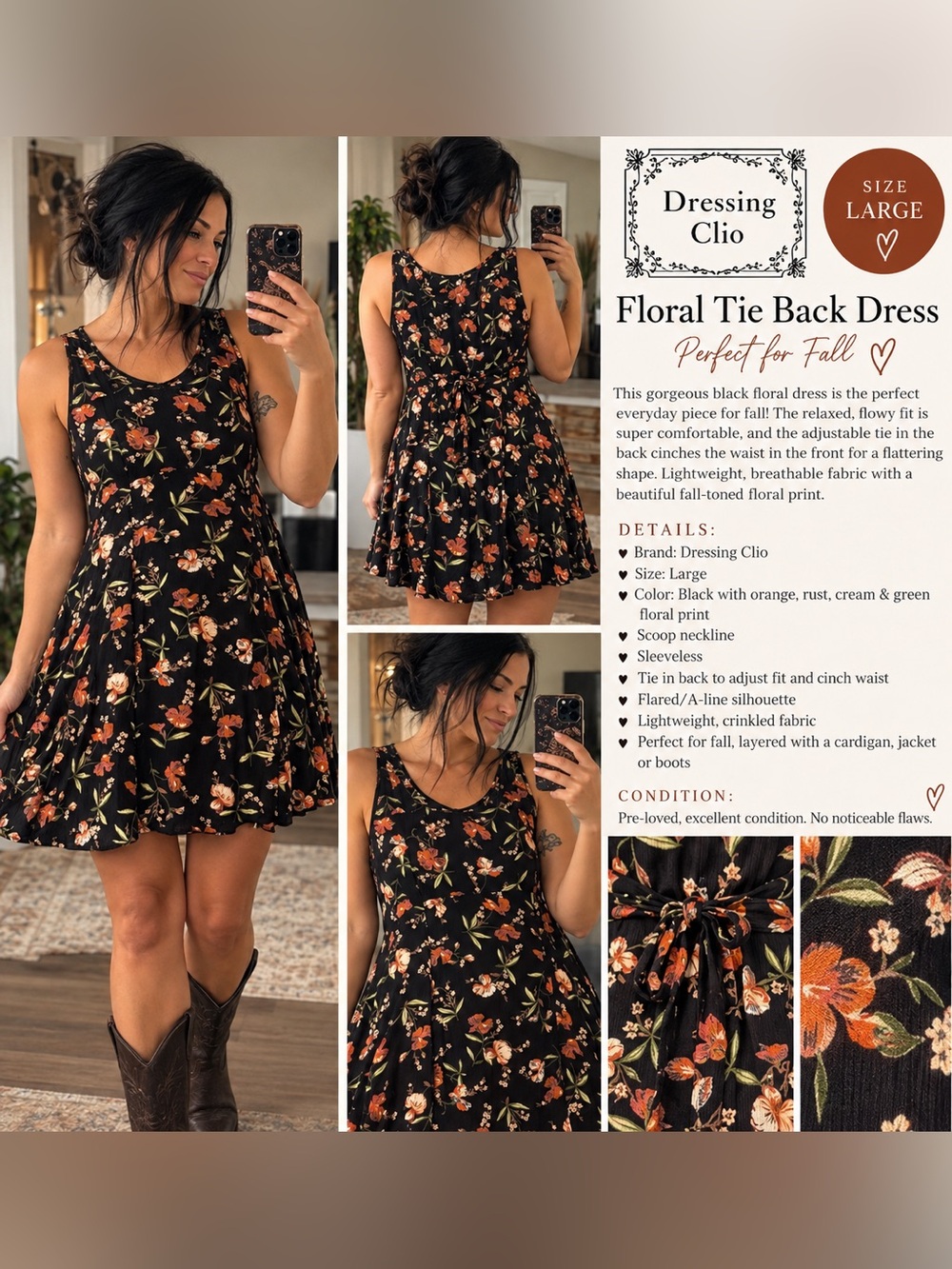 Black Floral Tie-Back A-Line Dress - Large